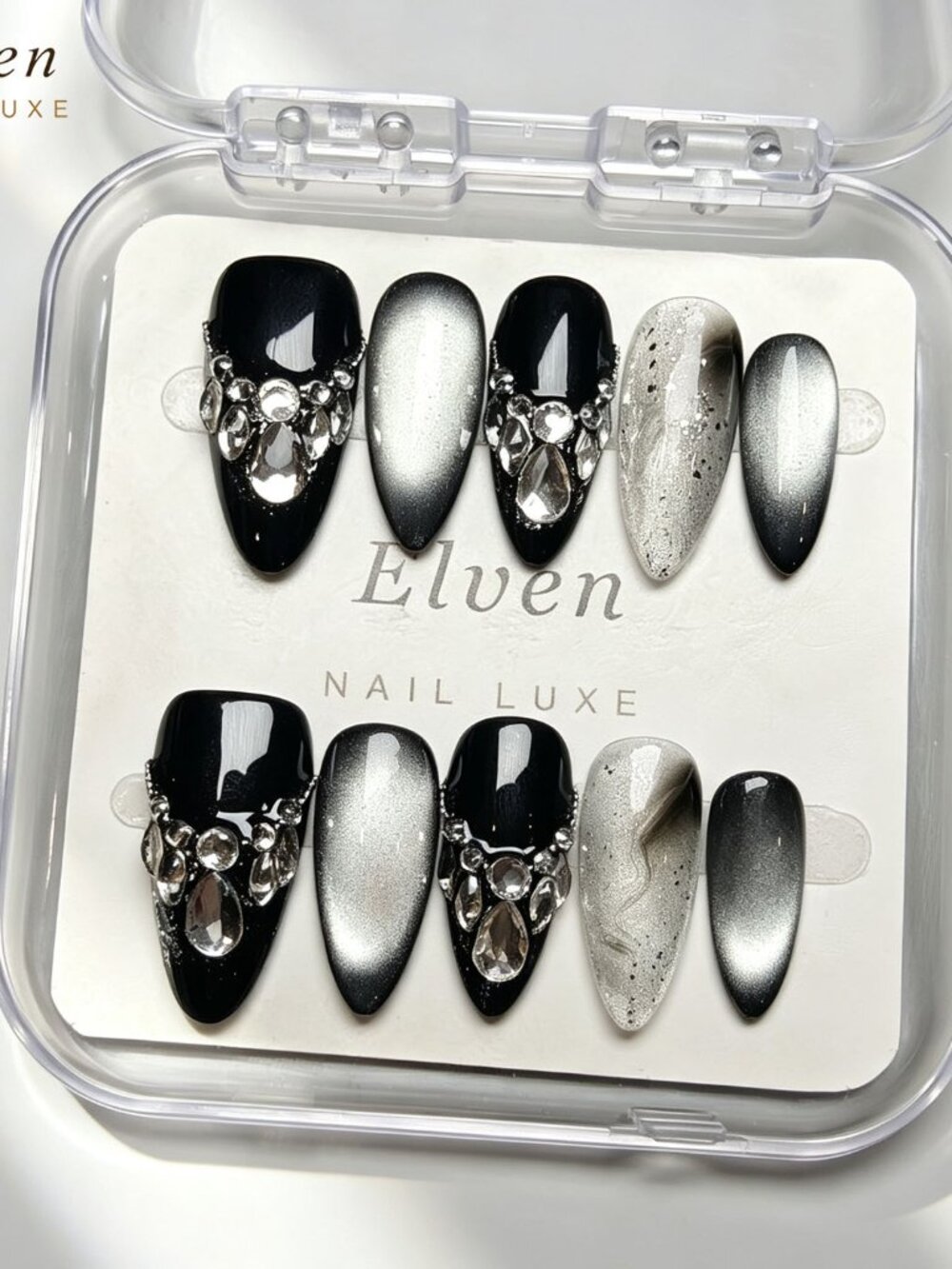 Black silver rhinestone medium almond press on nails Gothic luxury manicure